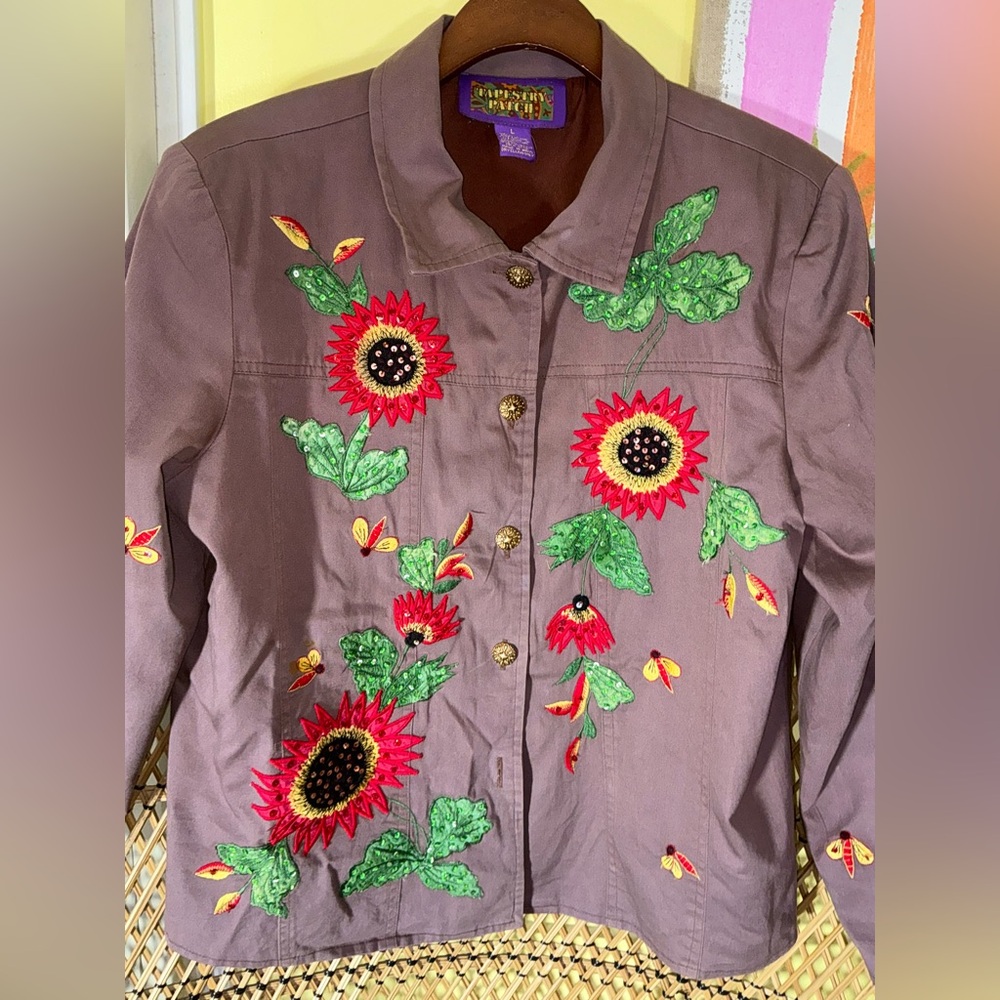 Tapestry Patch Sequin Embroidered Sunflower Jacket Bees Art to Wear Size L - Picture 5 of 10